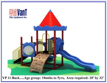 Colorful playground set with slide and climbing wall for young children.
