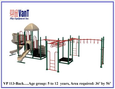 Playground set with slides, climbing structures, and monkey bars for children aged 5 to 12.