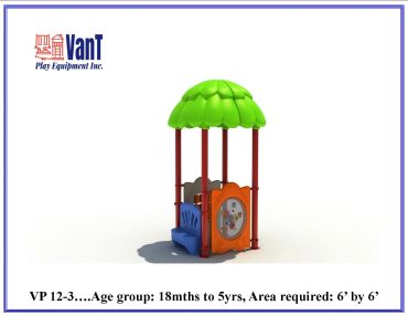 Colorful playground equipment for toddlers with a leafy canopy.