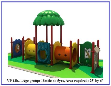Colorful playground set with tunnels and interactive panels for children aged 18 months to 5 years.
