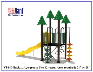Playground equipment with slide and climbing features for children.