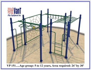 Children's outdoor play equipment for ages 5 to 12 with climbing and hanging features.