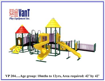 Colorful playground equipment with slides and climbing features for children.