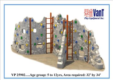 Outdoor rock climbing play structure for children aged 5 to 12 years.