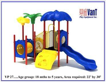 Colorful playground set with slides, climbing wall, and shaded areas for young children.