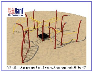 Colorful outdoor playground equipment designed for children aged 5 to 12 years.