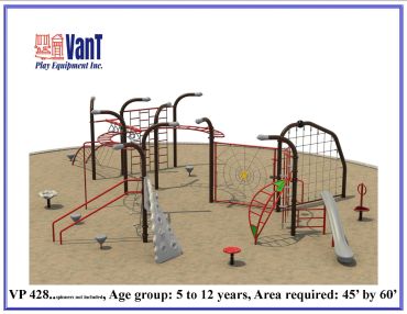 Outdoor playground equipment for children aged 5 to 12 years with slides and climbing features.