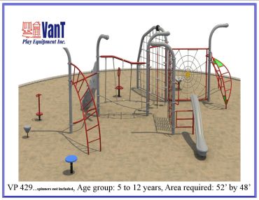Colorful playground equipment designed for children aged 5 to 12 years.