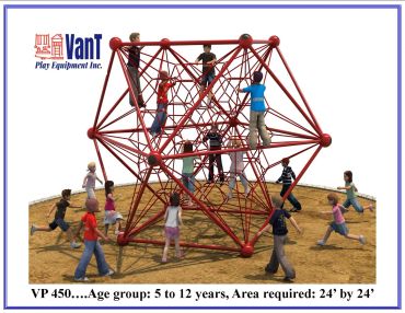 Children playing on a red rope climbing structure at a playground.