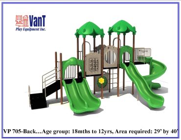 Green-themed playground equipment with slides and climbing areas for children.