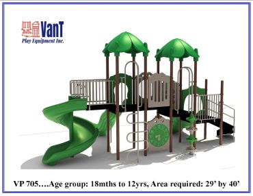 Children's playground equipment with slides, ladders, and climbing features.