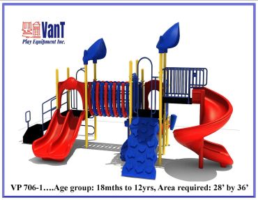 Colorful playground set with slides and climbing features for children aged 18 months to 12 years.