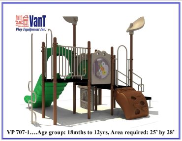 Outdoor playground structure with slides and climbing features for children ages 18 months to 12 years.