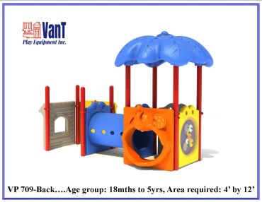 Colorful outdoor play structure for toddlers with tunnels and slides.