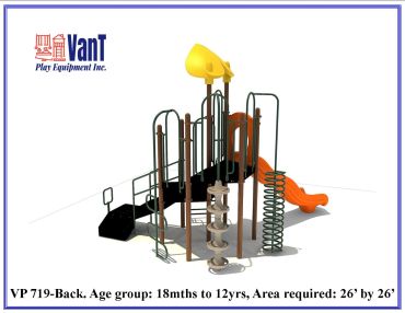 Colorful playground equipment with slides and climbing structures for children aged 18 months to 12 years.