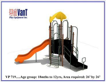 Children's playground slide with stairs and climbing ladder under a yellow canopy.