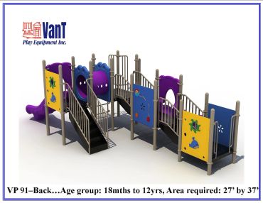 Colorful plastic playground structure with slides and climbing panels for children.