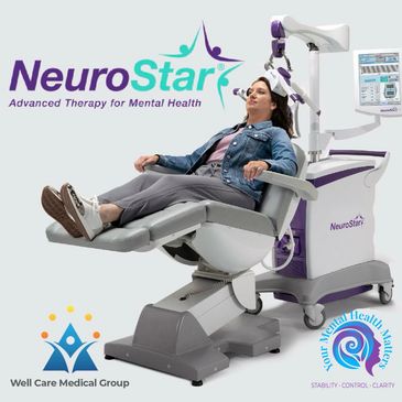 NeuroStar machine for advanced theraphy for mental health woman sitting in a neurostar machine chair