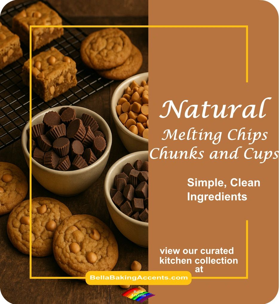 Bella Accents natural baking chips, natural baking chocolates, natural melting chips chunks and cups