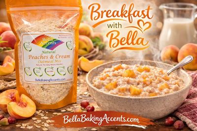 Bella Accents Peaches and Cream Oatmeal Mix with warm peach oatmeal breakfast bowl