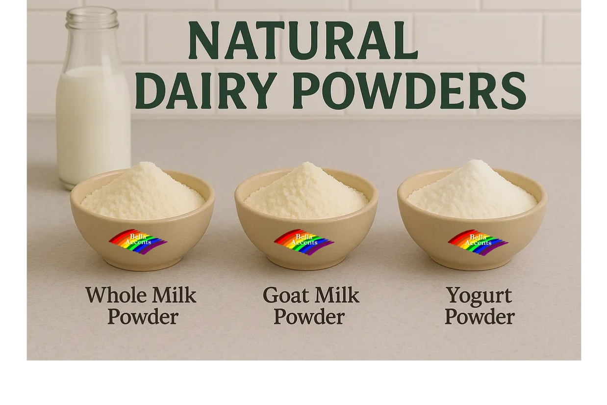 Bella Accents Natural Dairy Powders, including goat milk powder, butter powder, yogurt powders