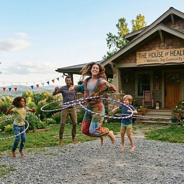 Family joyfully hula hooping outside a community wellness center.