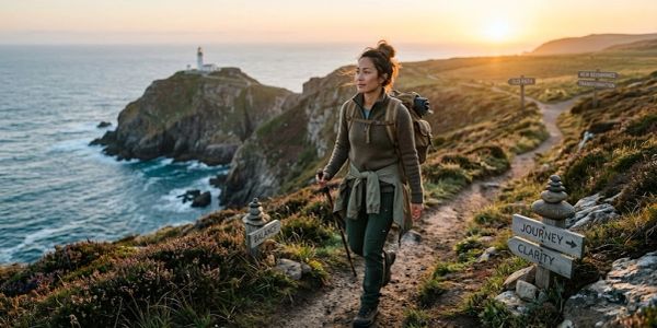Woman hiking on a cliffside trail at sunset.
