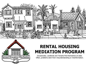Black & white line drawing of Santa Barbara homes with color logo of RHMP in bottom left corner. REN
