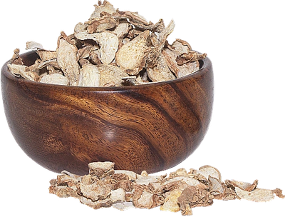 Wooden bowl filled with dried herbs or roots.