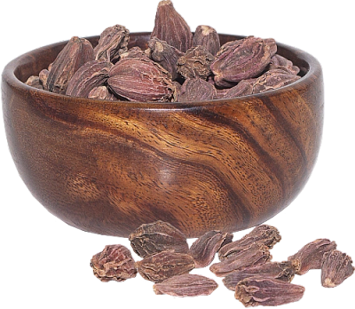 Dried black cardamom pods in a wooden bowl.