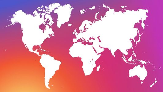 A world map with a pink, purple and orange background to signify social media marketing