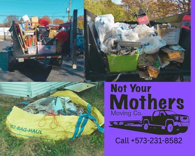 Collage of junk removal jobs. trash removal and roll off dumpster. some donated goods. Camdenton 