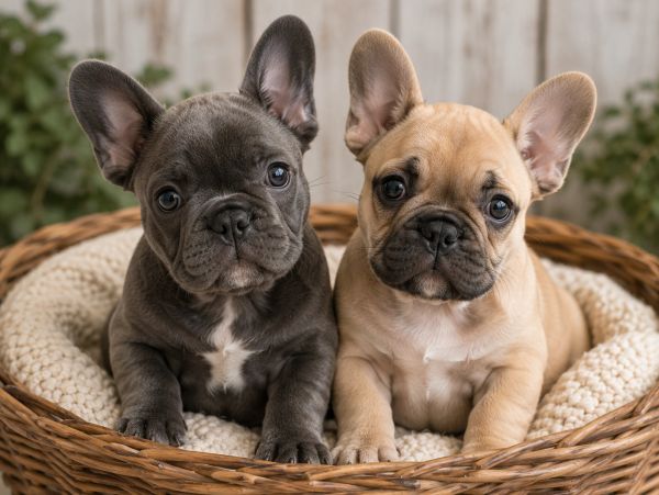 Two French Bulldog puppies sitting in a basket.