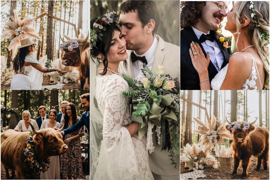 collage of wedding photos taken on the farm