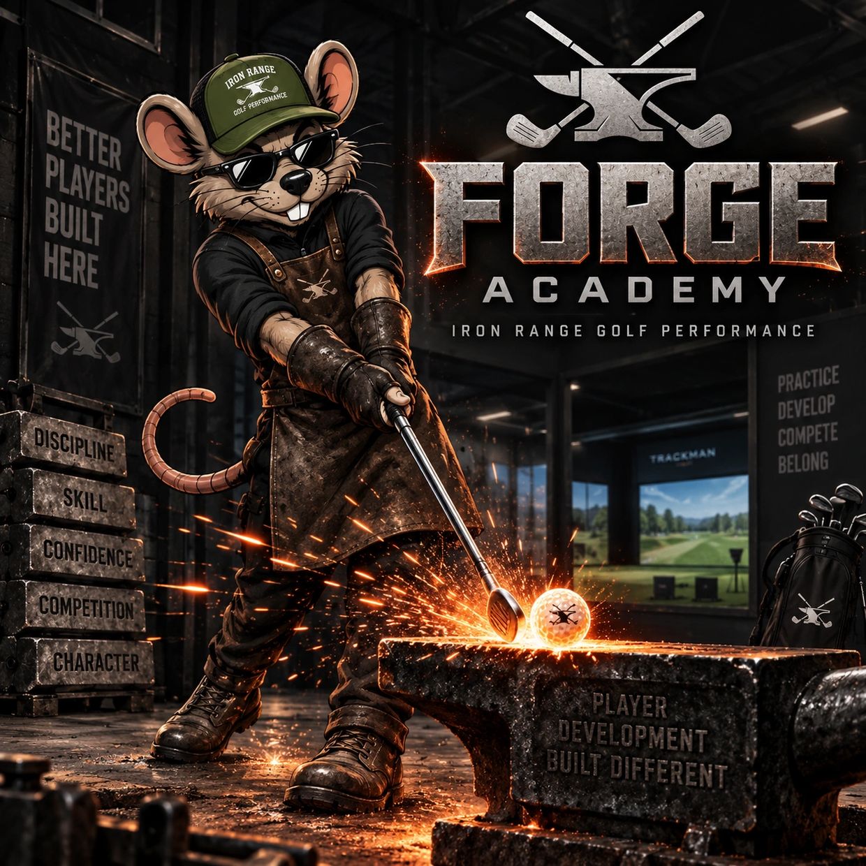 Mouse blacksmith shaping golf ball at Forge Academy.
