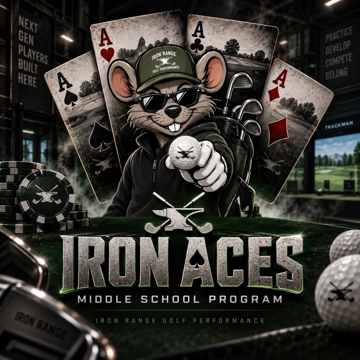 Cartoon mouse with golf clubs and poker cards promoting Iron Aces program.