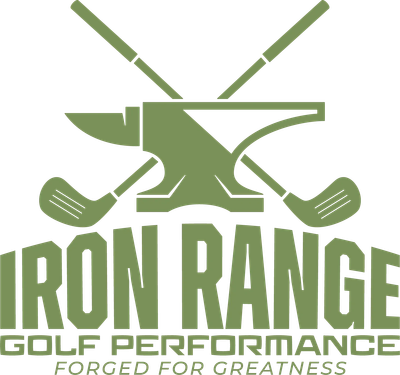 Logo with anvil and golf clubs for Iron Range Golf Performance.