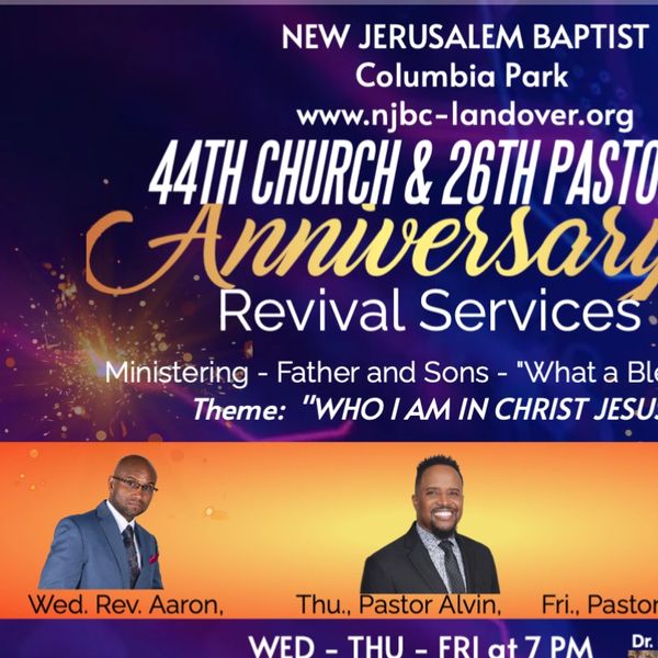 Flyer for New Jerusalem Baptist Church's 44th Church and 26th Pastoral Anniversary revival services.