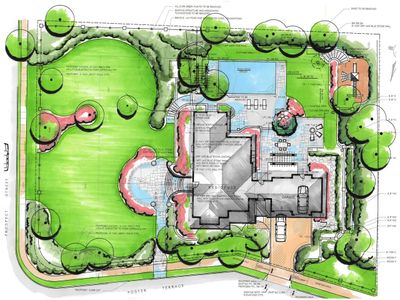 Landscape architectural plan showing a house, pool, garden, pathways and plantings.