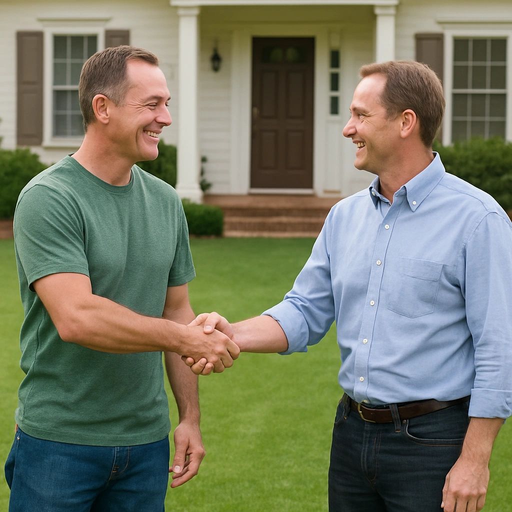 Two men smiling and shaking hands outside a house.