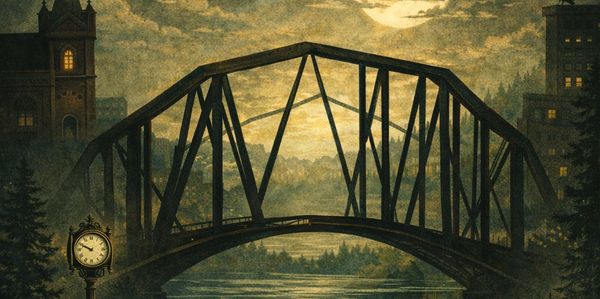 A dark bridge under a cloudy night sky with a clock showing 8:15.