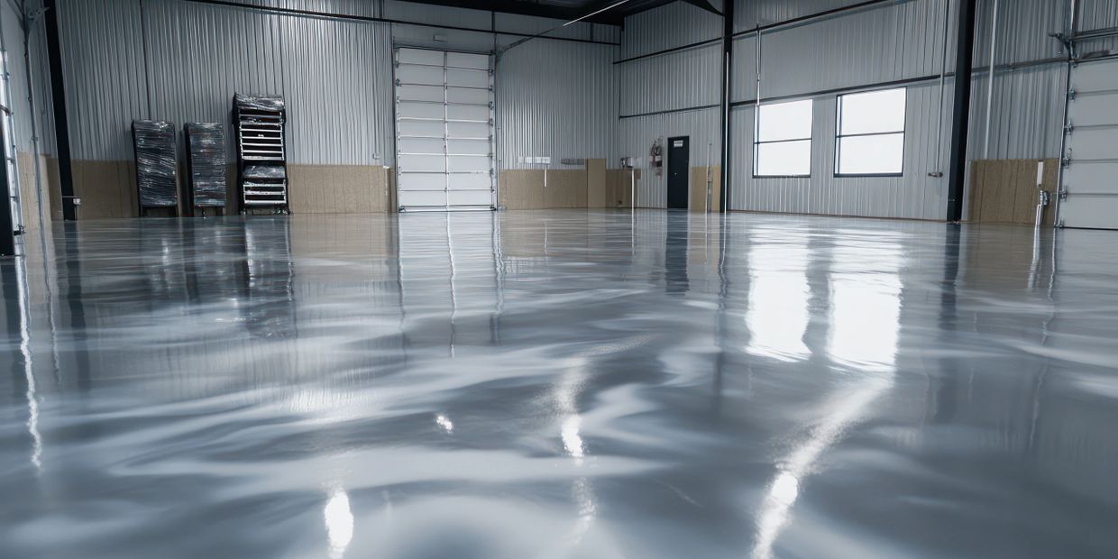 Empty industrial space with glossy, reflective epoxy flooring and metal walls.