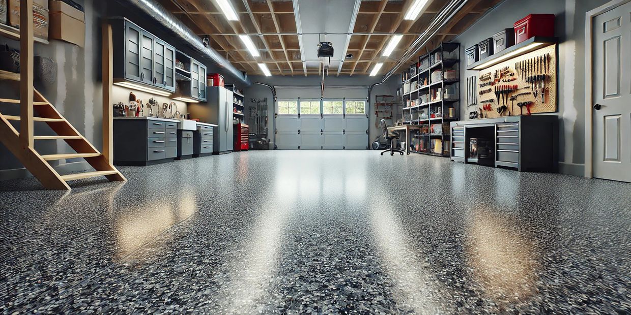 A spacious, organized garage with polished flooring and well-arranged tools and shelves.