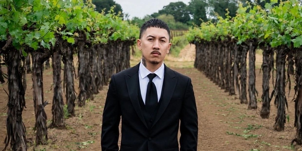 Man in a black suit standing in a vineyard.