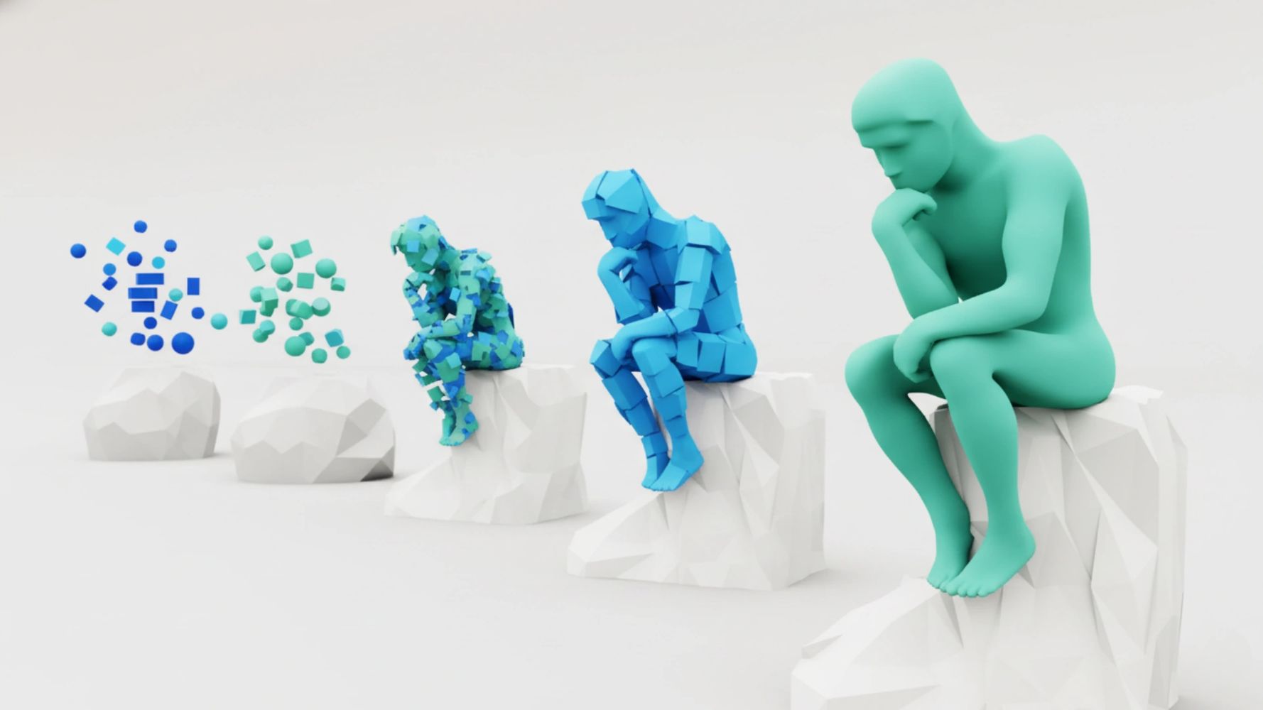 Abstract figures in different stages of formation sitting on rocks, mimicking Rodin's The Thinker.