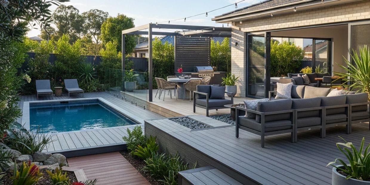 Modern backyard with pool, outdoor seating, and dining area under pergola.