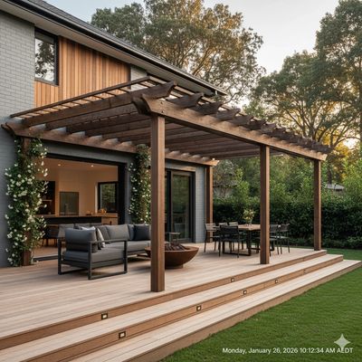 Modern backyard patio with wooden pergola and outdoor seating area.