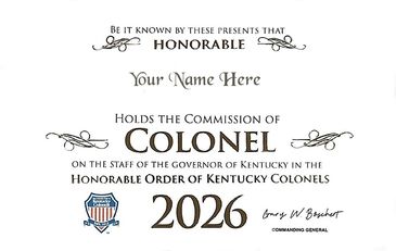 Certificate awarding the rank of Colonel in Kentucky for 2026.