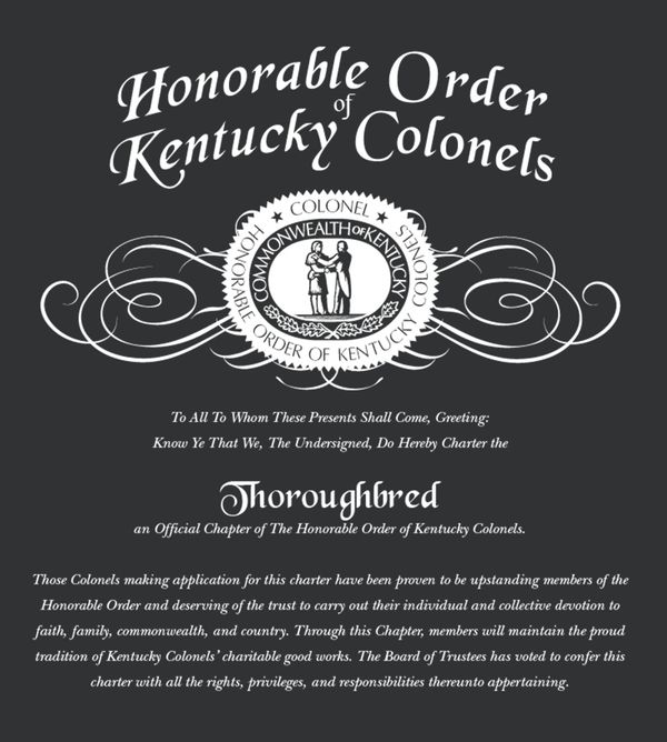 Official certificate for Thoroughbred chapter of Honorable Order of Kentucky Colonels.