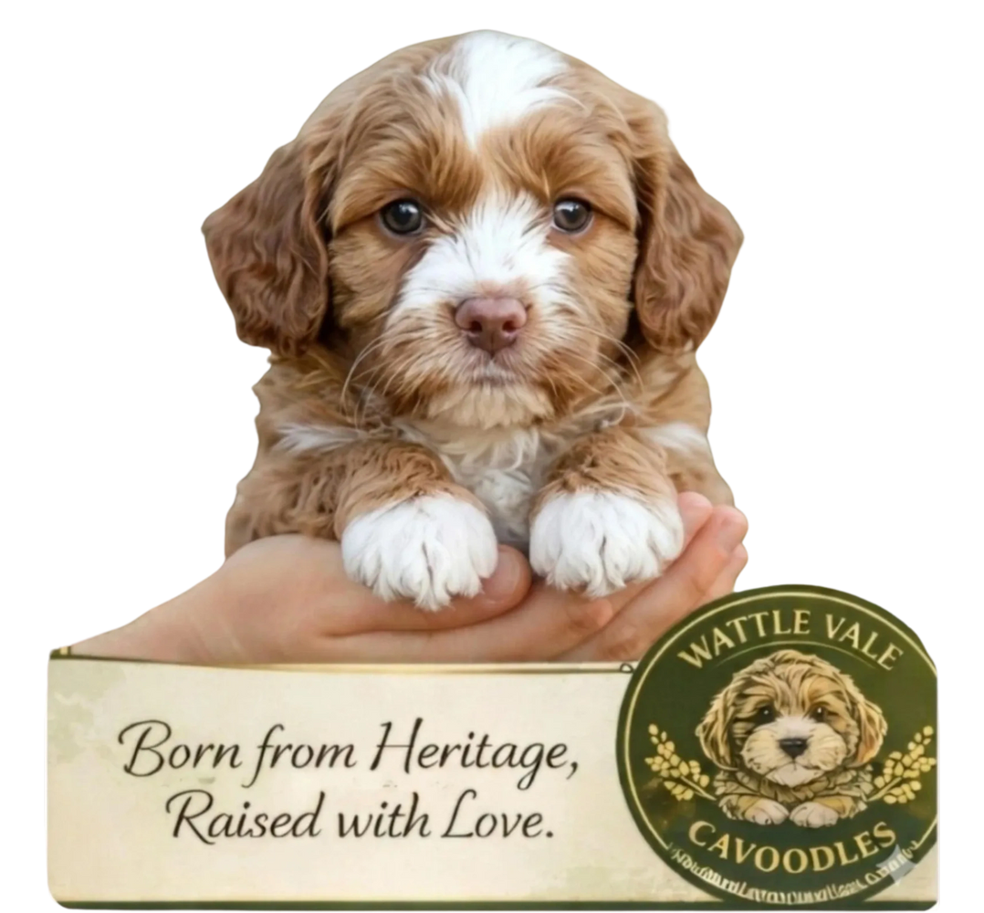 Adorable Cavoodle puppy held gently with a heritage and love message.